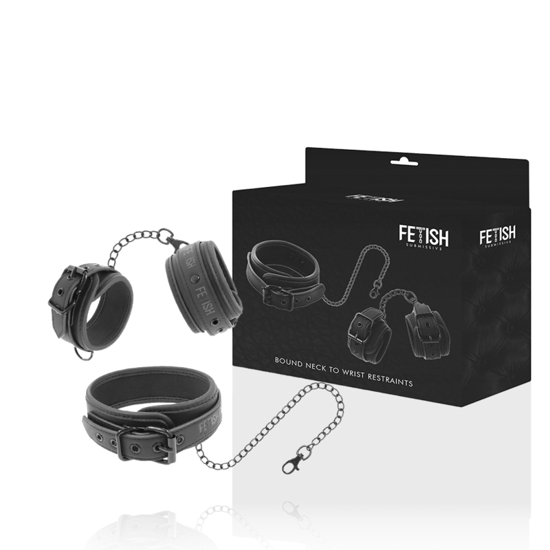 FETISH SUBMISSIVE - COLLIER ET MENOTTES EN CUIR VĂGAN AVEC DOUBLURE EN NOPRĂNE