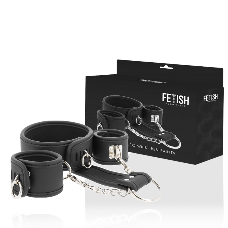 FETISH SUBMISSIVE - COLLIER ET MENOTTES EN CUIR VĂGAN AVEC DOUBLURE EN NOPRĂNE