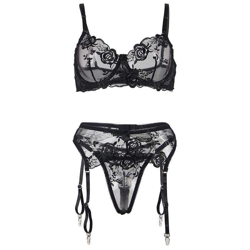 SUBBLIME - SET DE 3 PIEZAS SUJETADOR + TANGA + LIGA ESTAMPADO FLORAL NOIR S/M