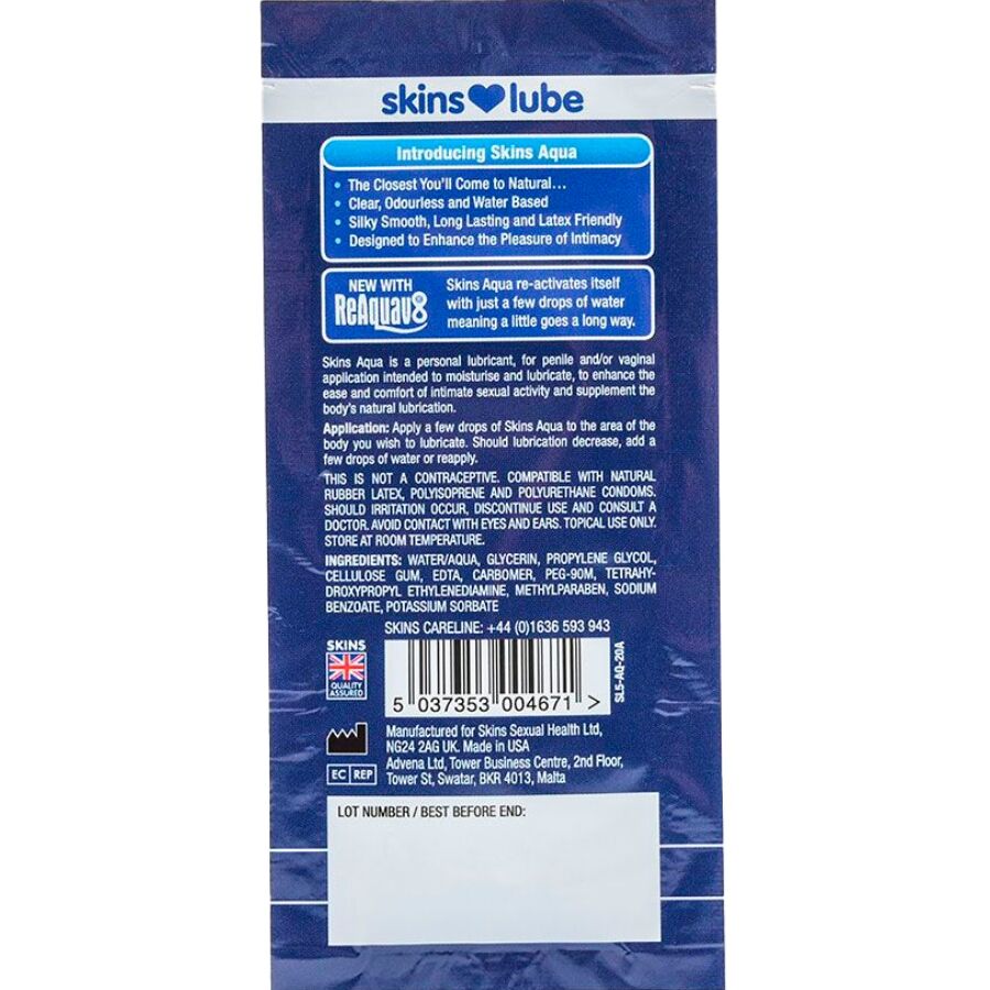 SKINS - AQUA LUBRIFIANT Ă BASE D'EAU DOSE UNIQUE 5 ML