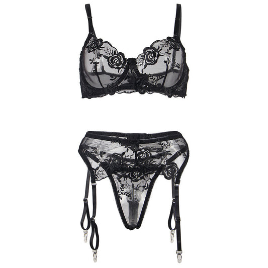 SUBBLIME - SET DE 3 PIEZAS SUJETADOR + TANGA + LIGA ESTAMPADO FLORAL NOIR S/M