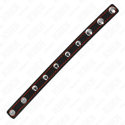 KINK - ANNEAU PÉNIS EN CUIR AVEC FERMETURE À PRESSION DOUBLURE ROUGE 21 X 1,5 CM